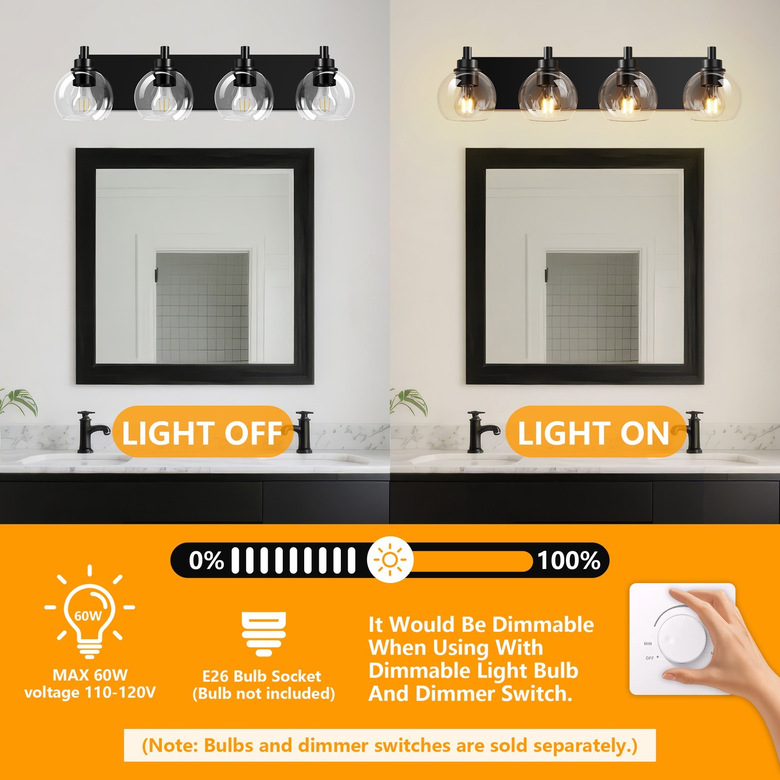 26 in. 4-Light Black Bathroom Vanity Light with Clear Glass Shades, E26 Sockets