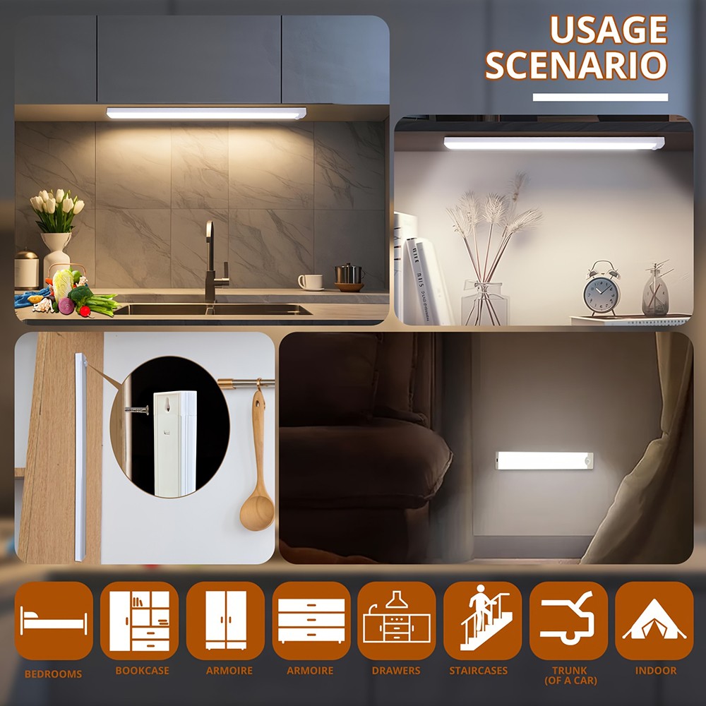 4 Pack LED Under Cabinet Lights, Rechargeable Motion Sensor, 3 Color Dimmable