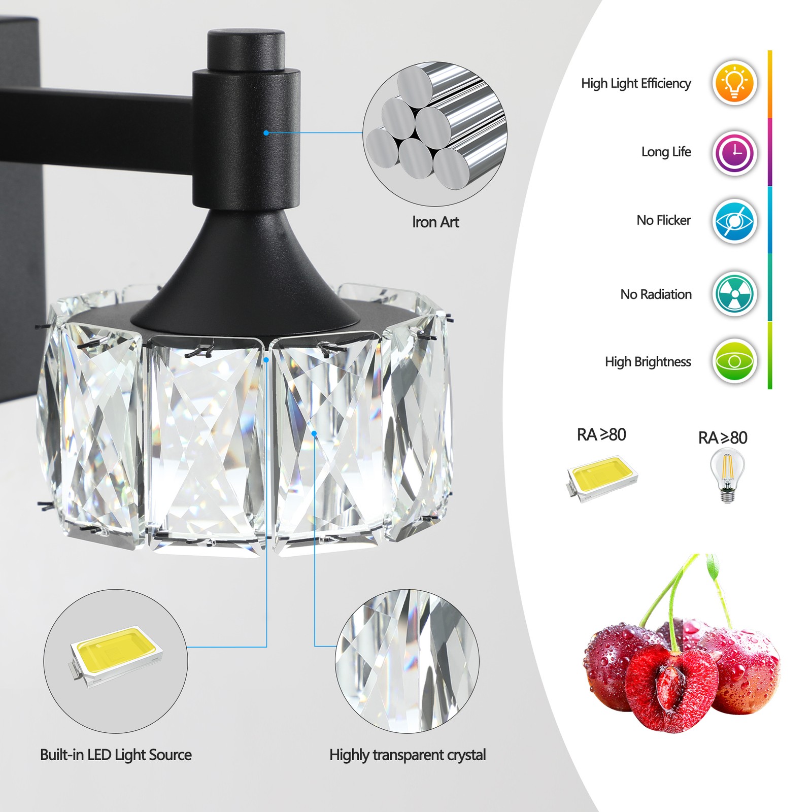 Black 28» Vanity 4 Light Crystal for Bathroom Mirror Wall Lamp Dimmable Fixture
