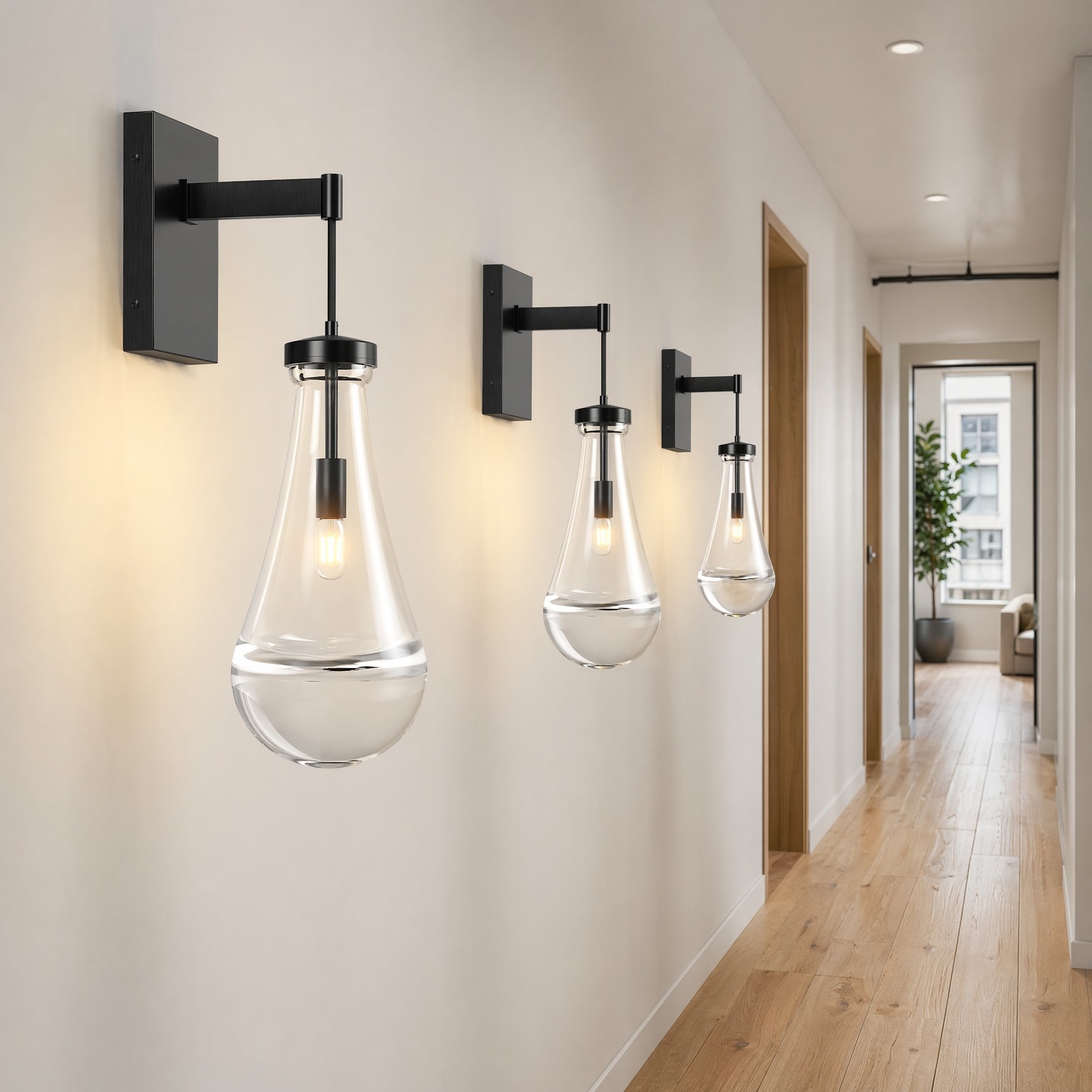 2 Pack 18» LED Wall Light Indoor Raindrop Glass Dimmable Sconce Black Fixture