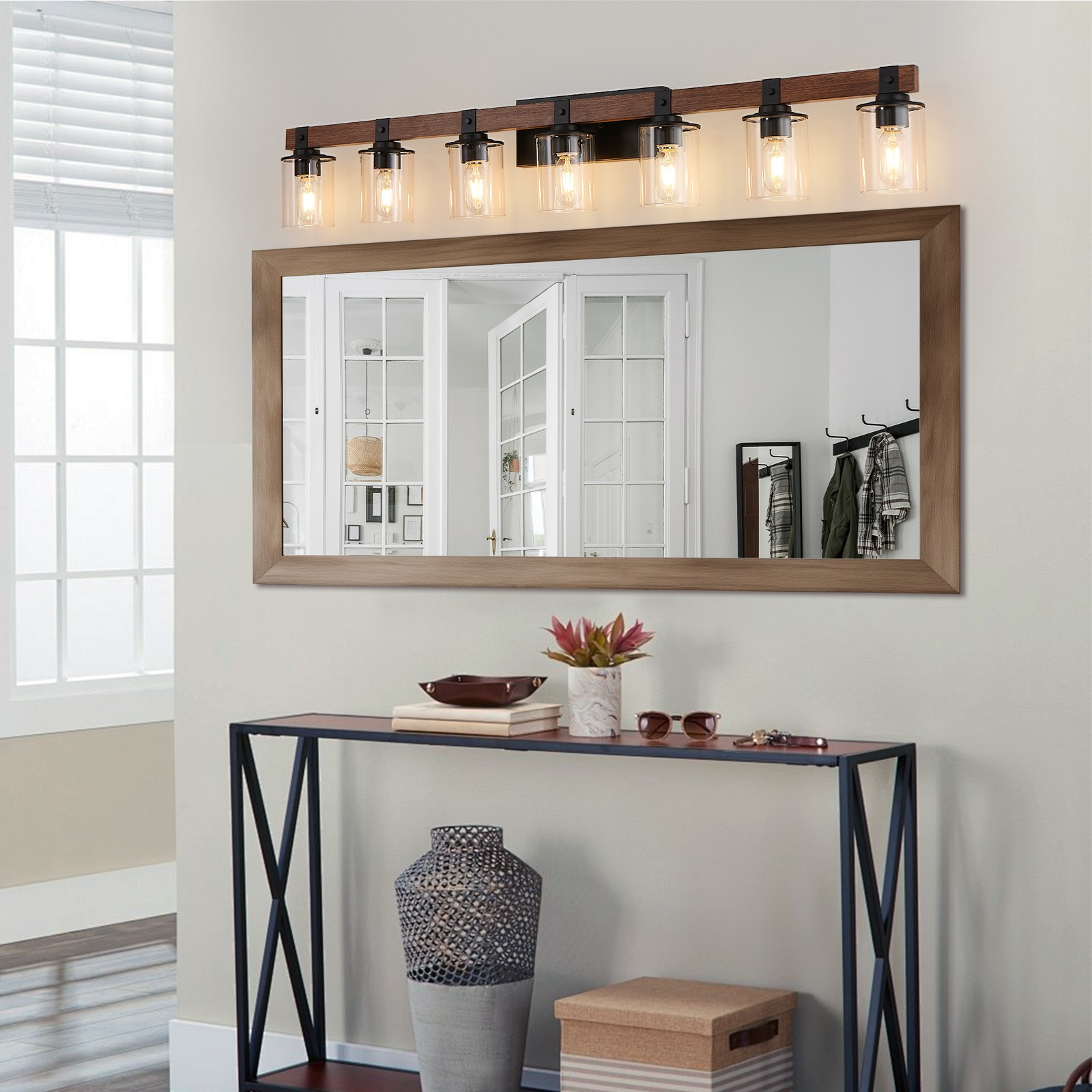 Vanity Light 7 Lights 50» Farmhouse Wood Black for Bathroom Mirror Wall Fixture
