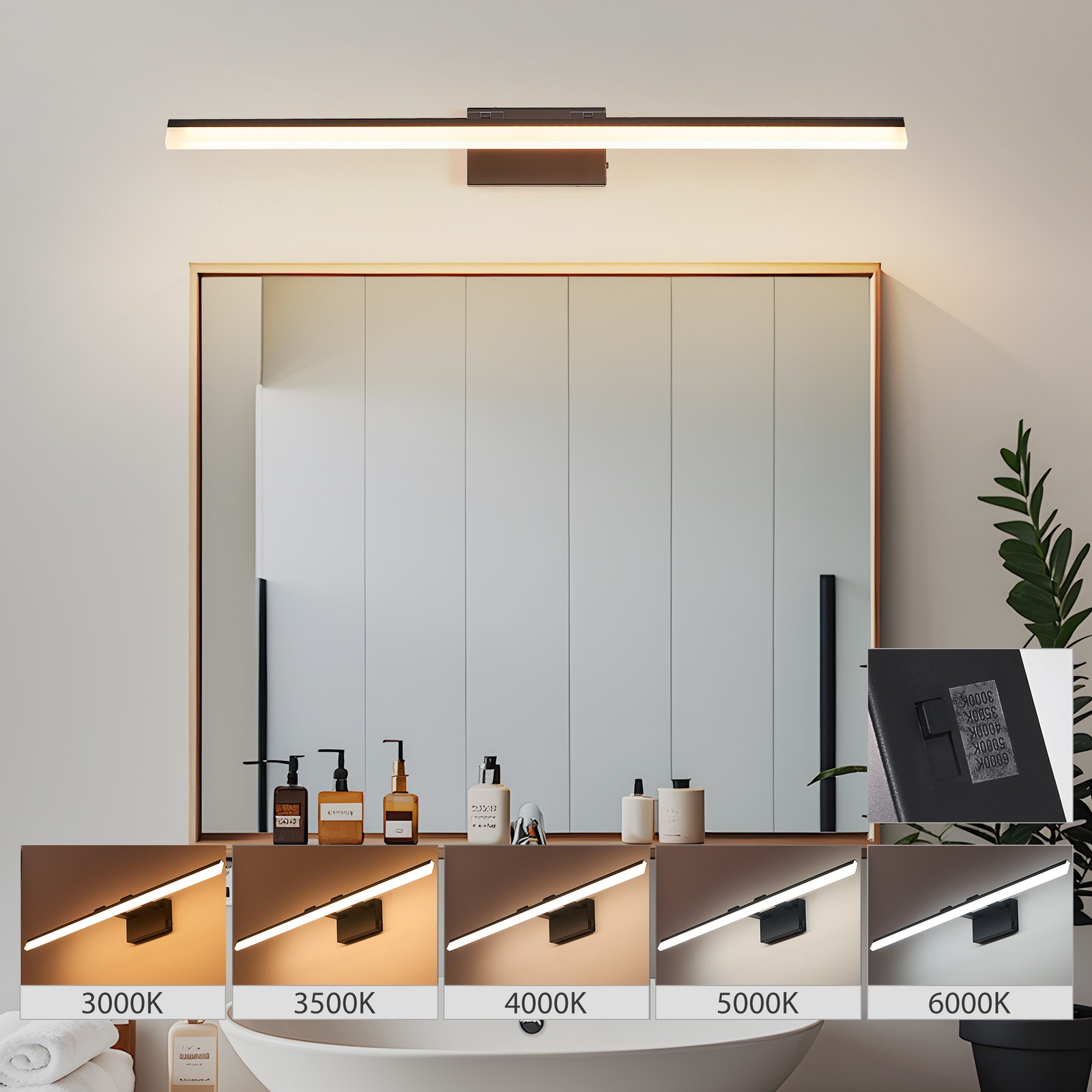39 Inch LED Vanity Light Bathroom Mirror Sconce Black Dimmable Wall Lamp Fixture