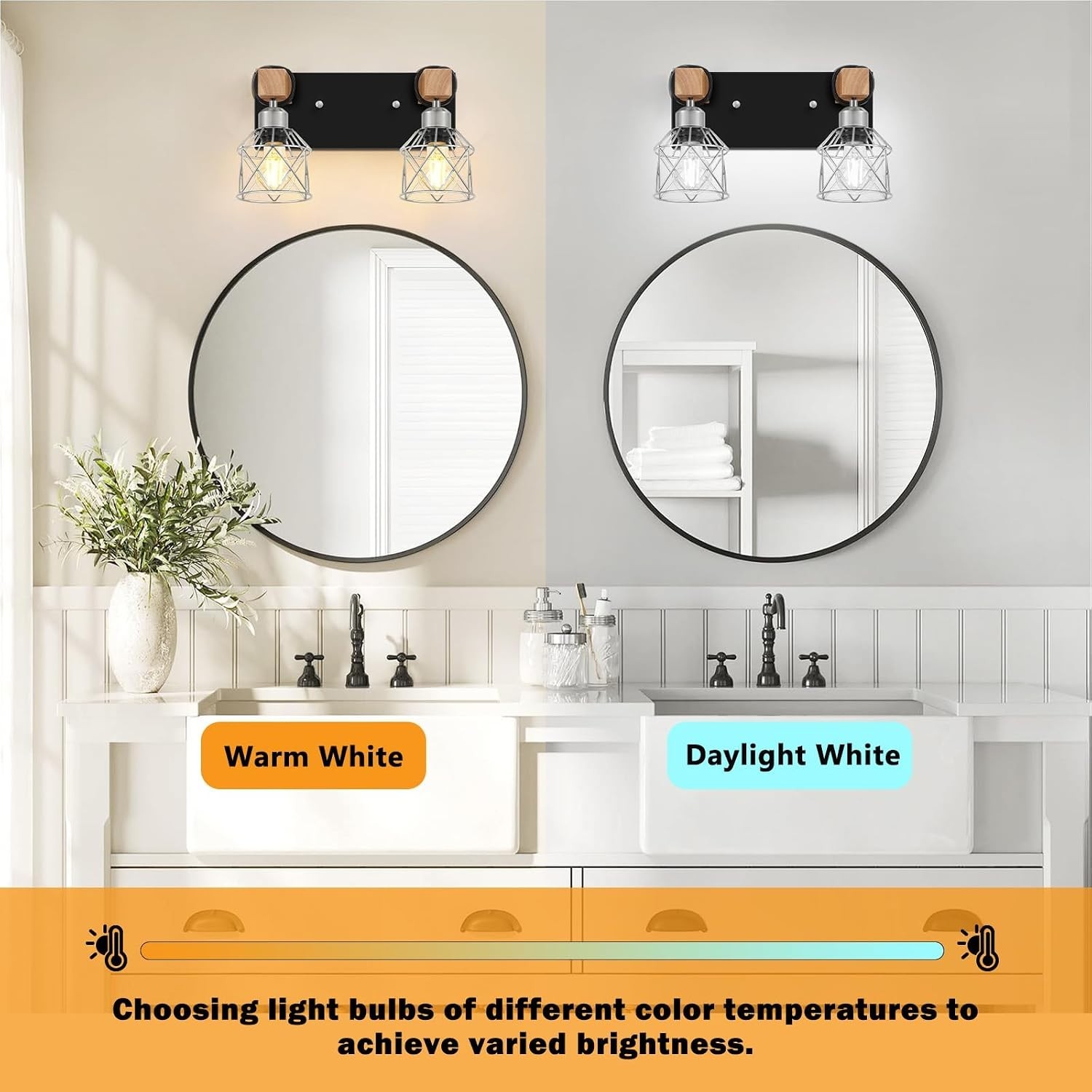 Farmhouse Bathroom Light Fixtures, Rustic 2-Light Wood Vanity Lights for Bath…