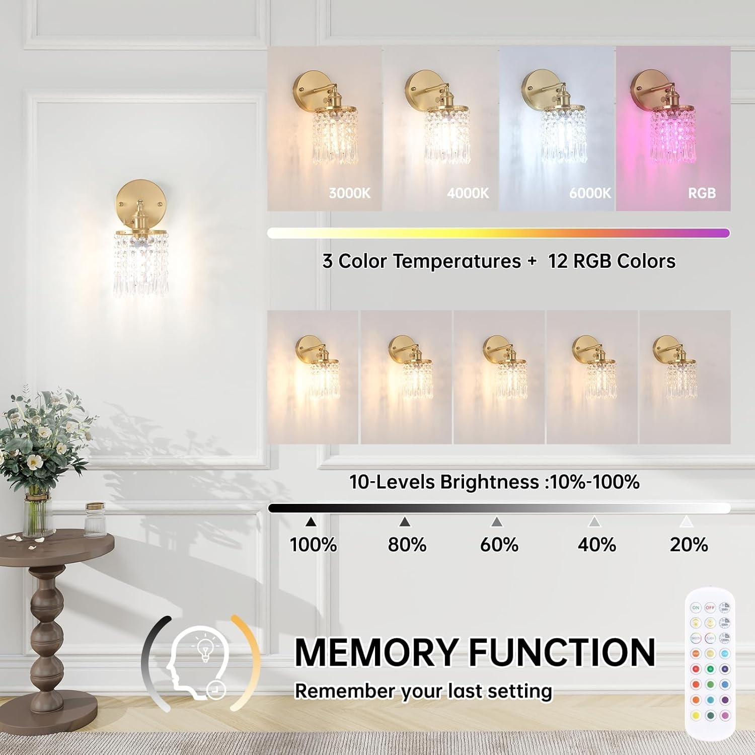 Set of 2 Crystal Battery Operated Wall Sconce, Rechargeable Battery Powered Wall