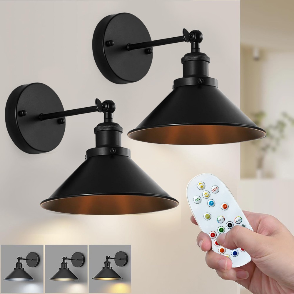 2/4PCS LED Wall Lights Battery Operated Wall Sconce Black w/Button Switch Remote