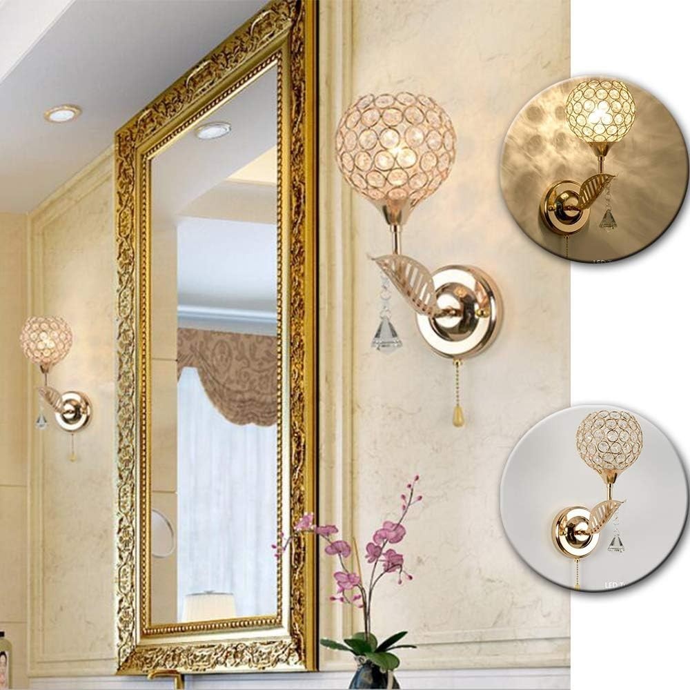 Crystal Wall Light Sconce Chrome Finish E14 Socket Pull Cord Switch