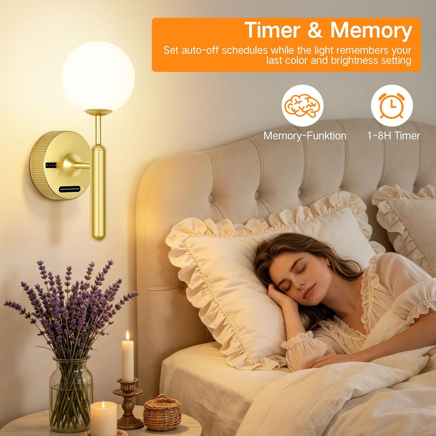 Gold Wireless Wall Sconce with Remote, Dimmable & Rechargeable 8000mAh Battery