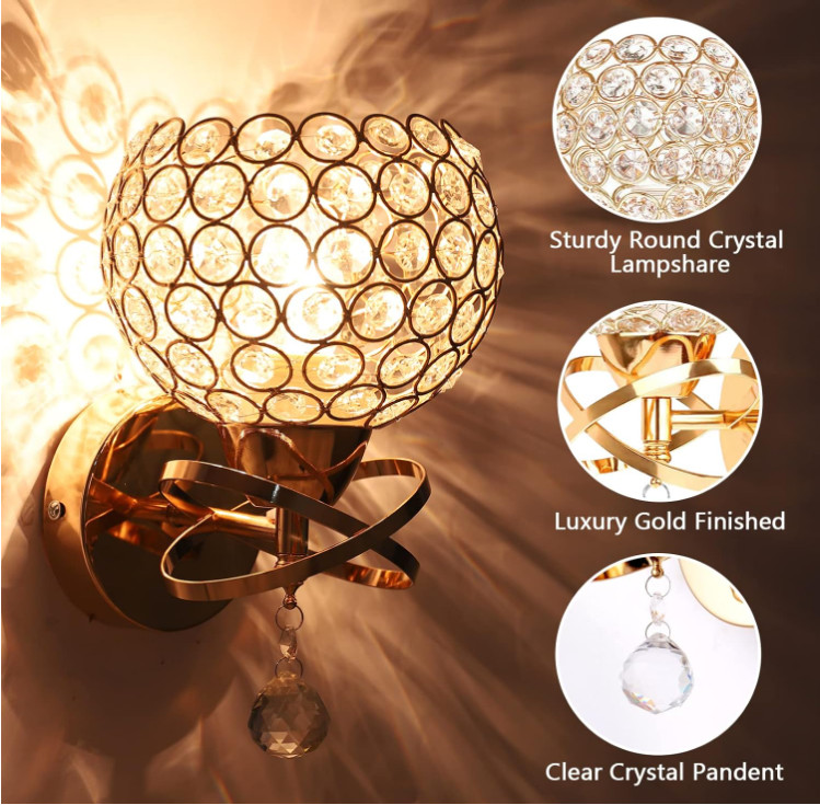 2 Apliques De Pared Cristal Dorados Luz LED E26 Modernos Para Cuarto Baño Sala