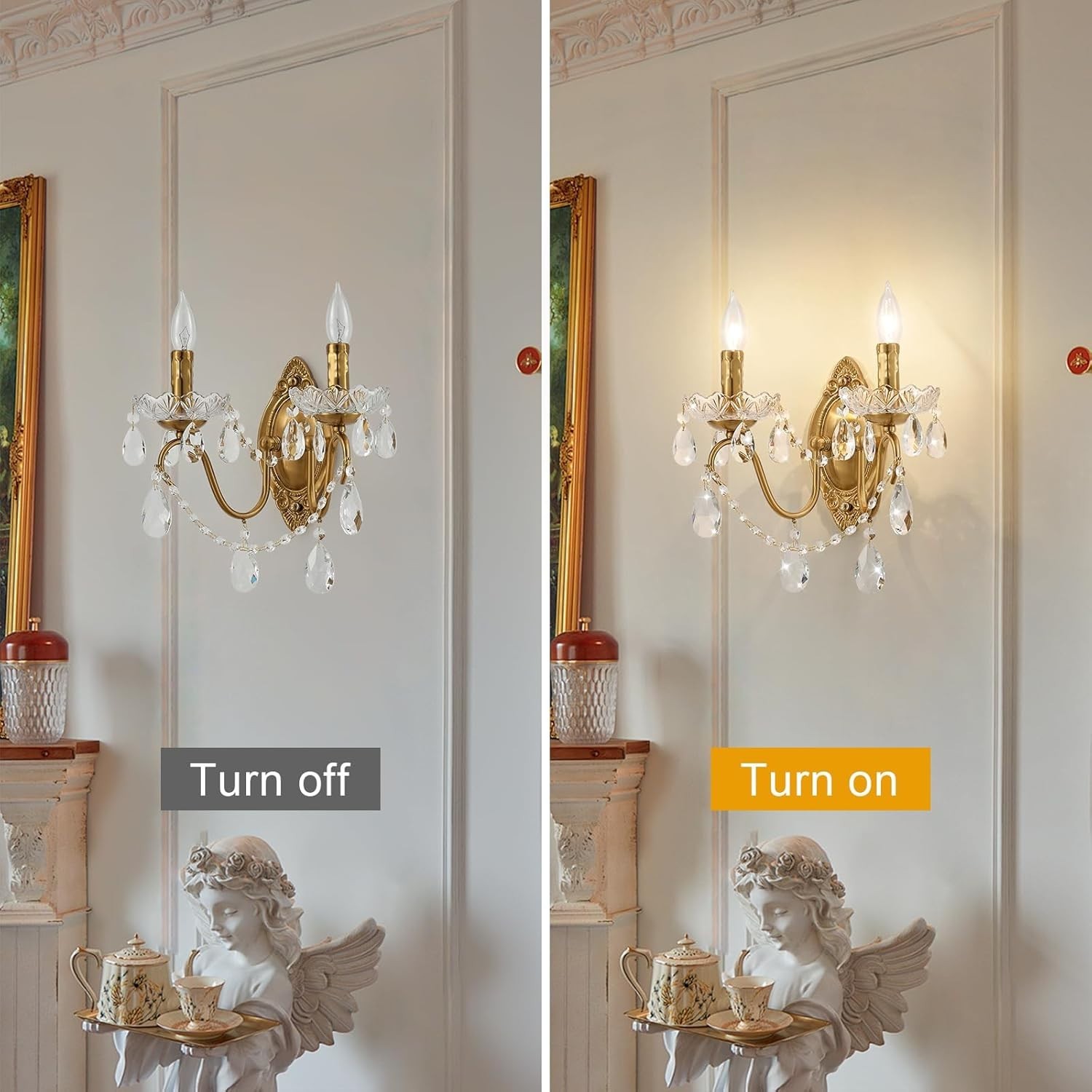 PAIR Ondersley Gold Brass Crystal Drops Prisms Bobeches Double Arm Wall Sconces!