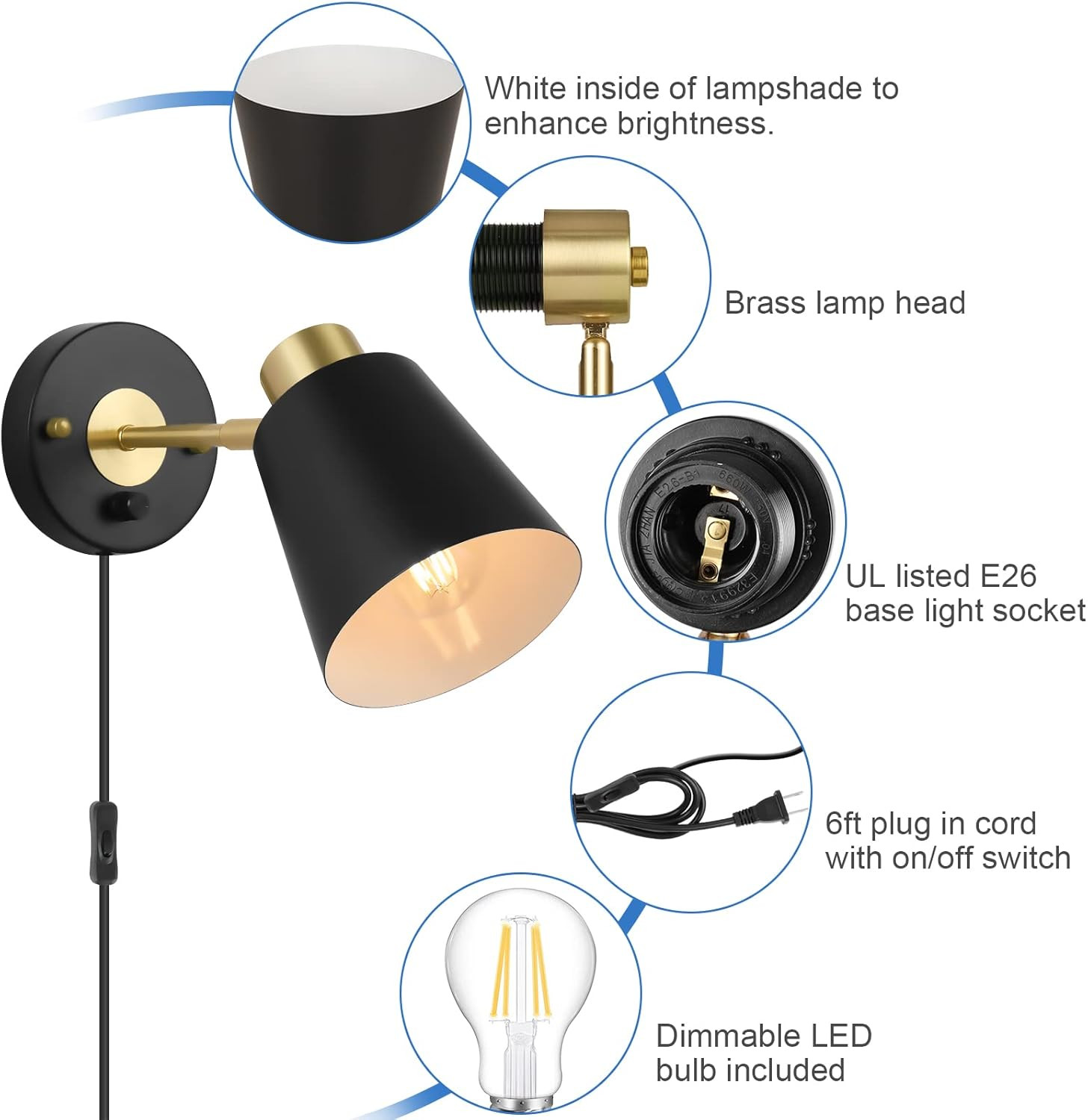 Wall Sconce Plug In, Dimmable Wall Sconces Adjustable Wall Lights with Plug in C