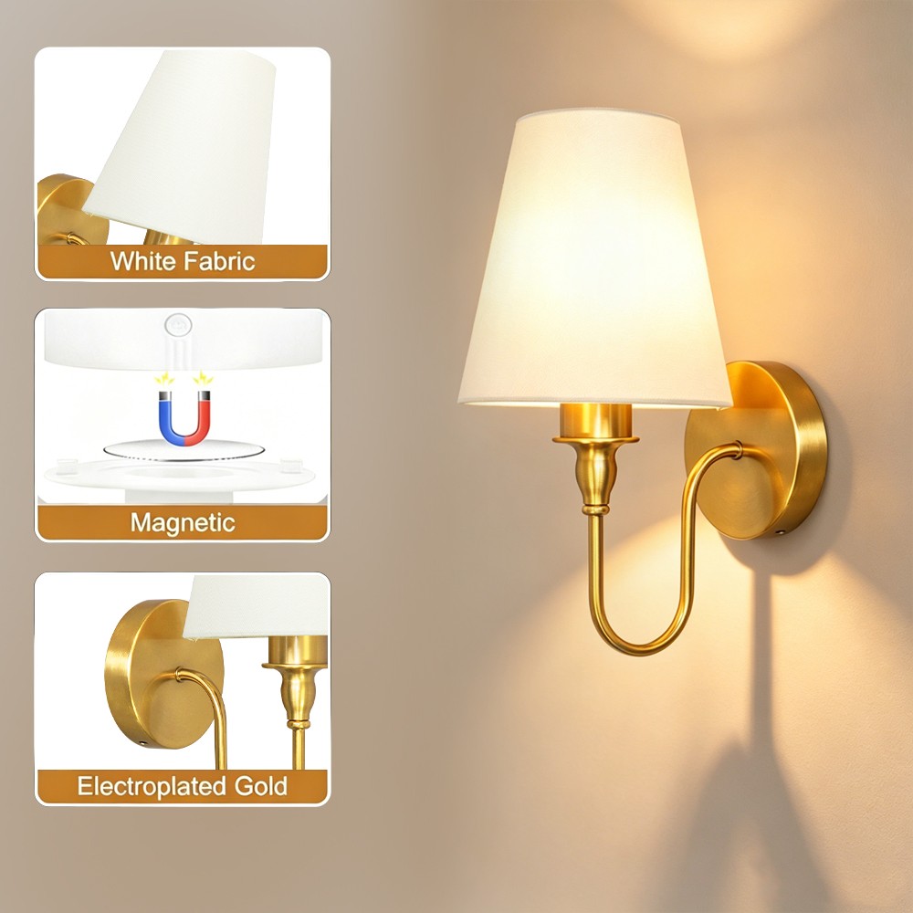 Battery Operated Wall Sconces Set of 2 Gold Wireless Lamps with Remote/Touch