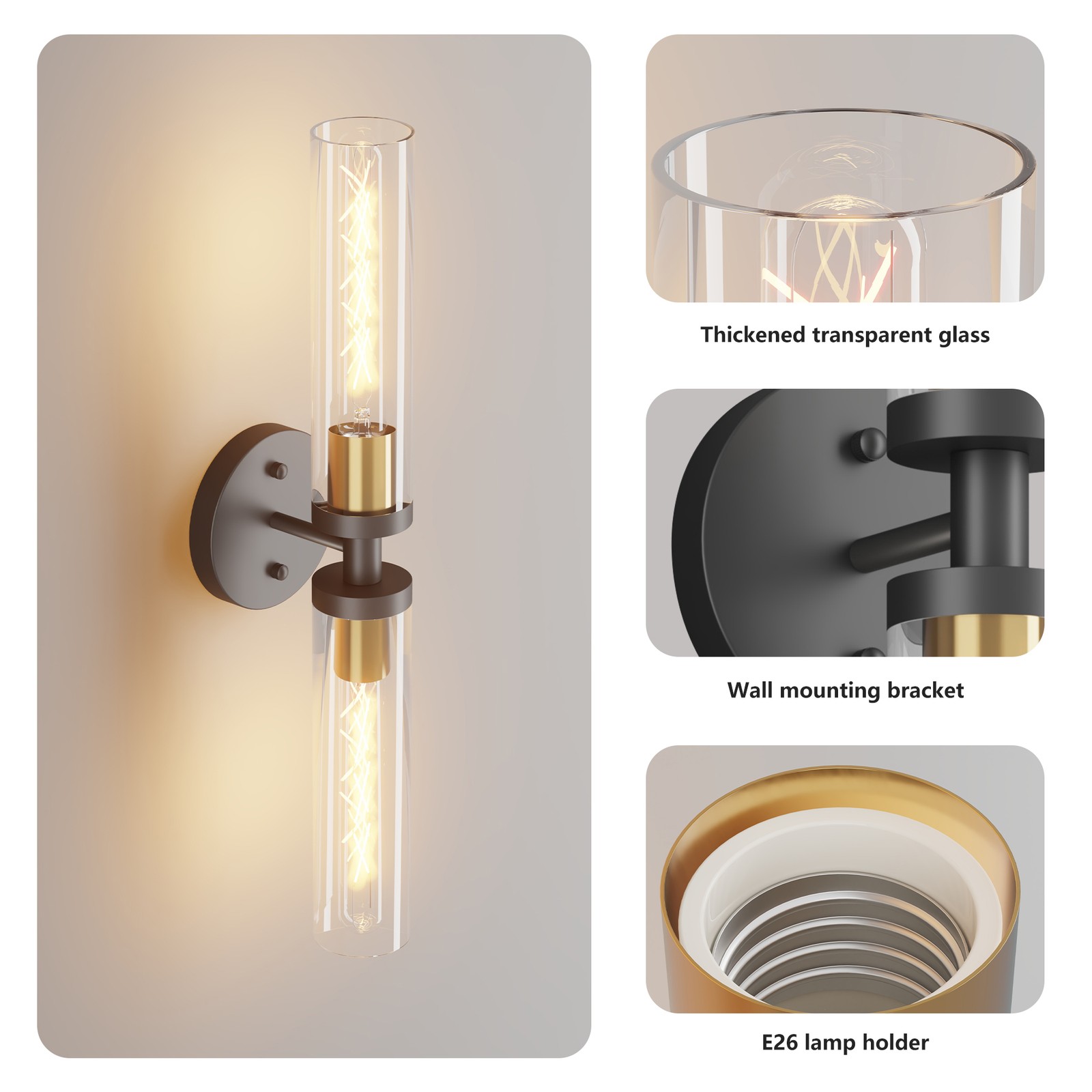 2Pcs 12″ Modern Wall Light Black Gold LED Sconce Glass Shade Mirror Lamp Fixture