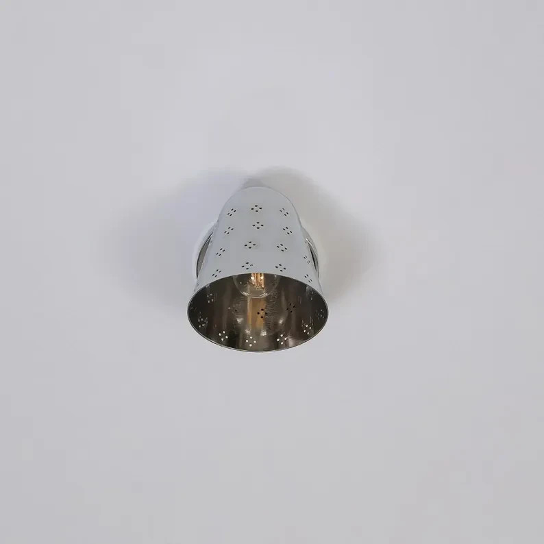 Silver Brass Wall Sconce, Mid Century Lamp Cone, Perforated Spotlight Fixture