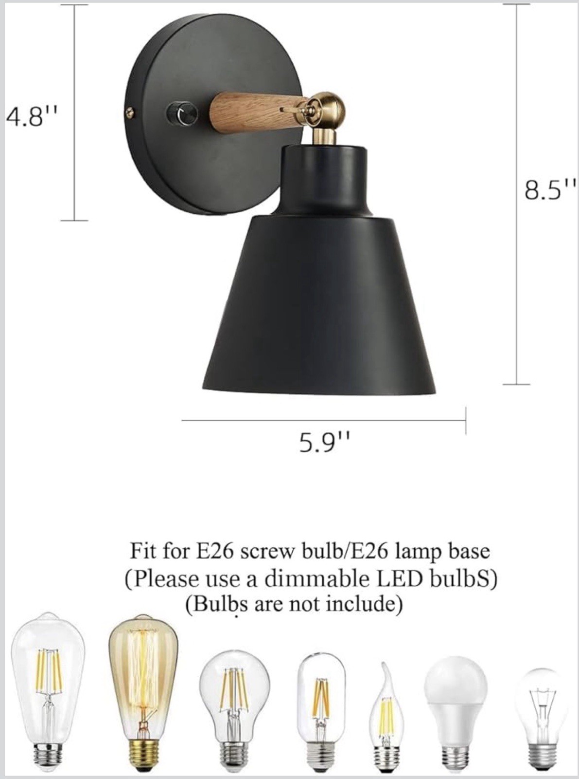 Wall Sconce Black 1-Pack w/On-Off Switch Lighting Fixuture