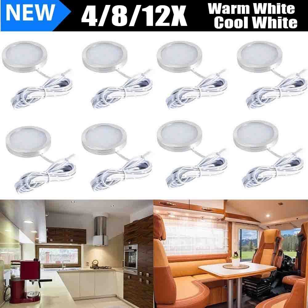 4/8/12PC LED Puck Light Under Cabinet Closet Lighting Kitchen Room Night Wired