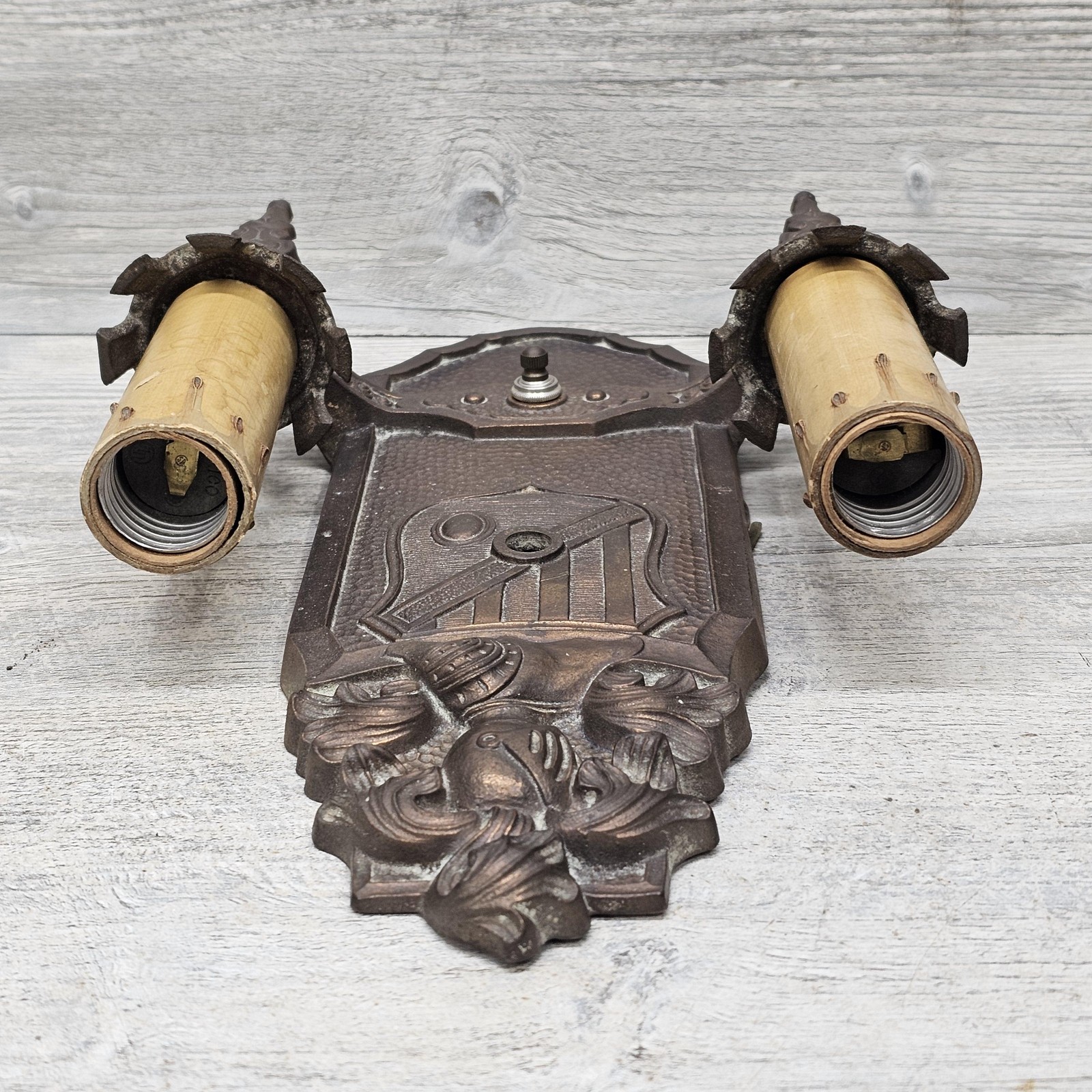 Vintage Markel Cast Iron Gothic Wall Sconce Double Candle Light Bronze P596