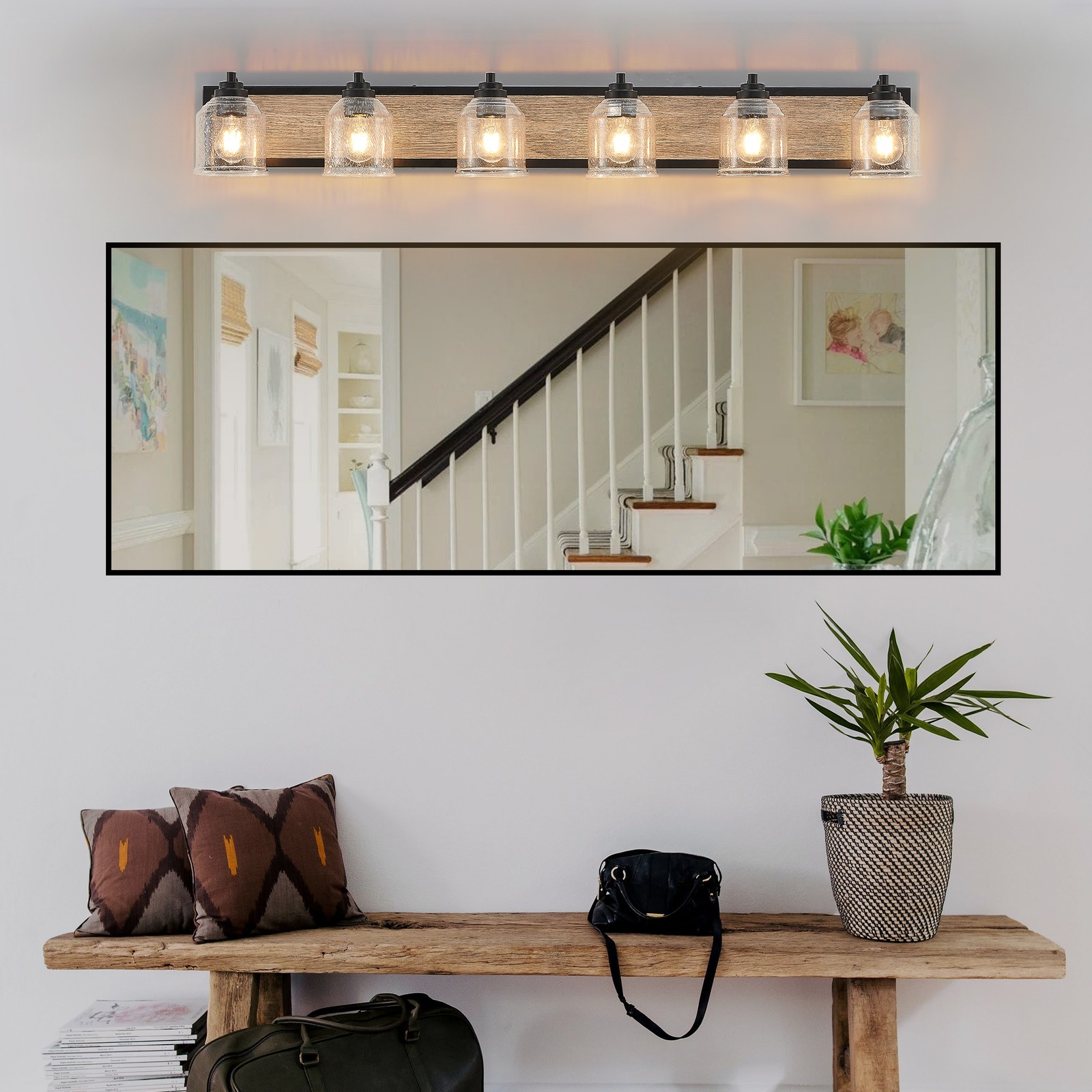 Vanity Light 48 inch 6 Lights Wood Bubble Glass Bathroom Mirror LED Wall Fixture