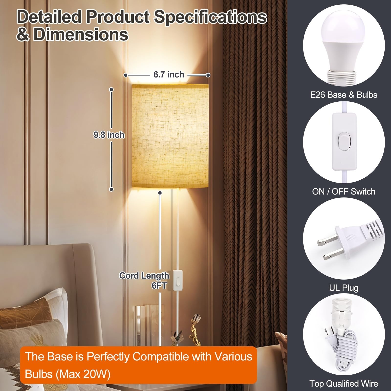 Set of 2 Plug-in Wall Sconces with On/Off Switch | Adjustable Color Temperature
