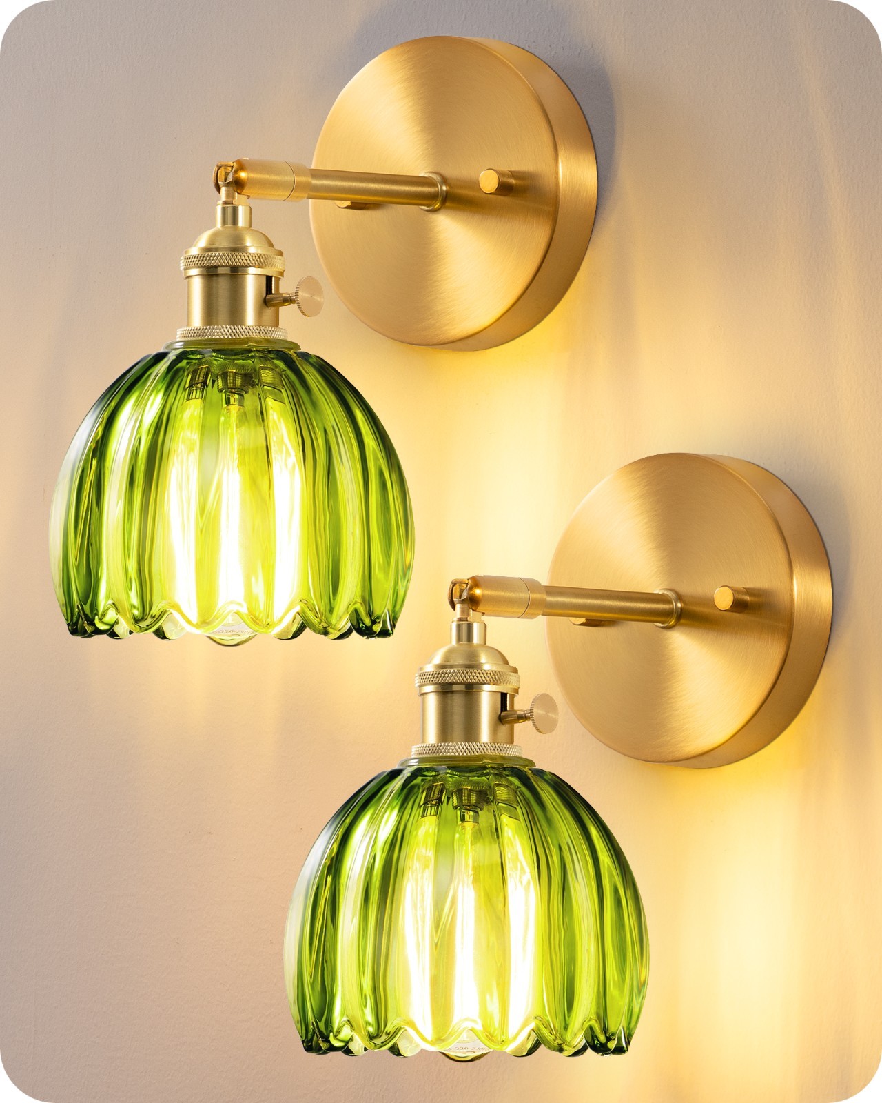 EDISHINE Hardwired Wall Sconces Set of Two, 180 Degree Adjustable, Brass Gold