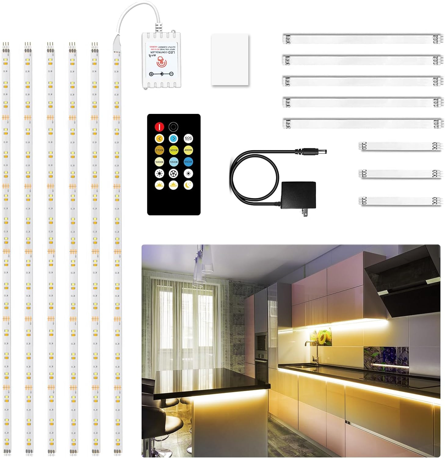 6 PCS under Cabinet LED Lights with Remote 9.8Ft Dimmable 2700K-6500K Warm White