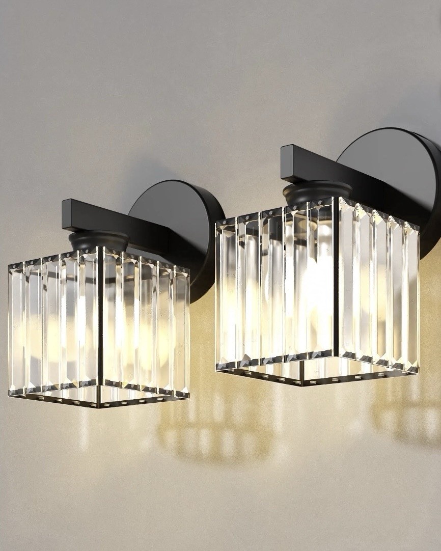 Set of 2 Black Crystal Wall Sconces Square Shade, Hardwired E26 Socket