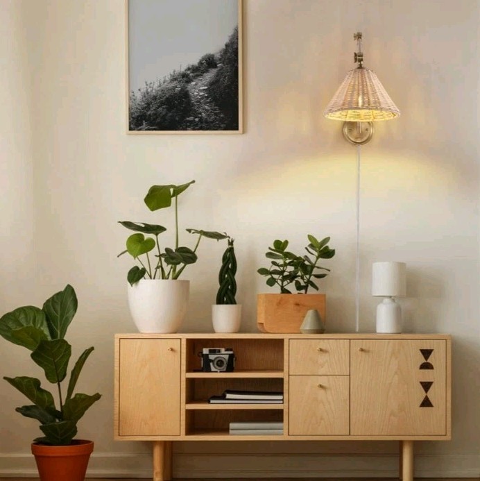 WINGBO Wall Sconce Rattan Wrapped Wall Lamp, Adjustable Swing Arm