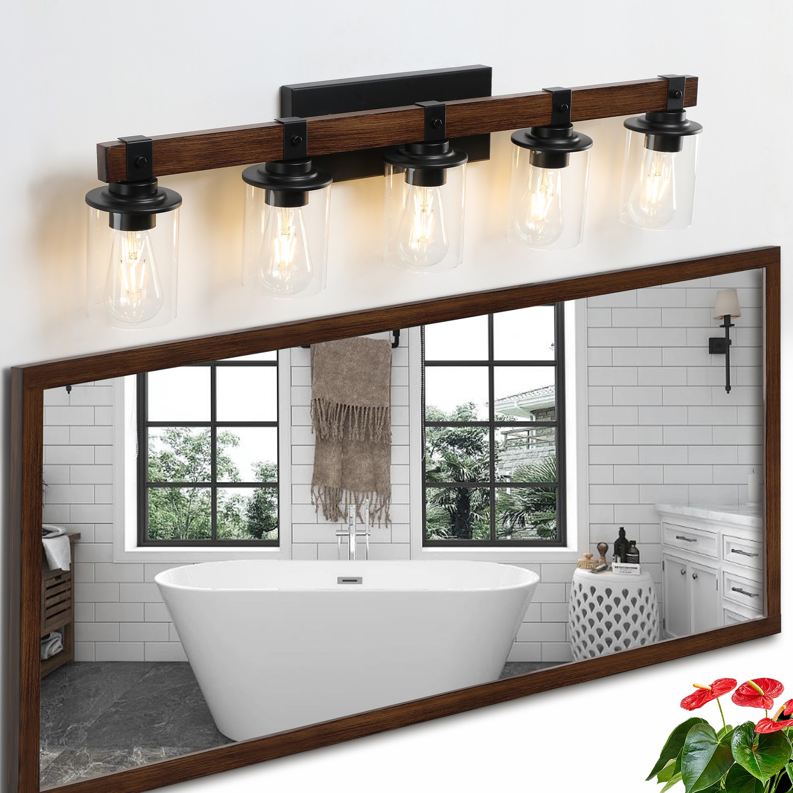 35 In Wall Sconce Wood Vanity Light LED Farmhouse Bathroom 5 Lights Clear Glass