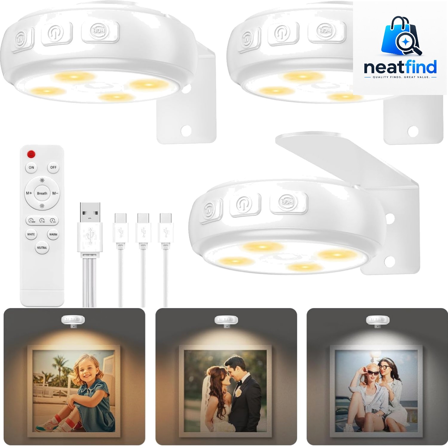 3-Pack Rechargeable Wall Picture Lights with Remote – Dimmable & RGB Modes