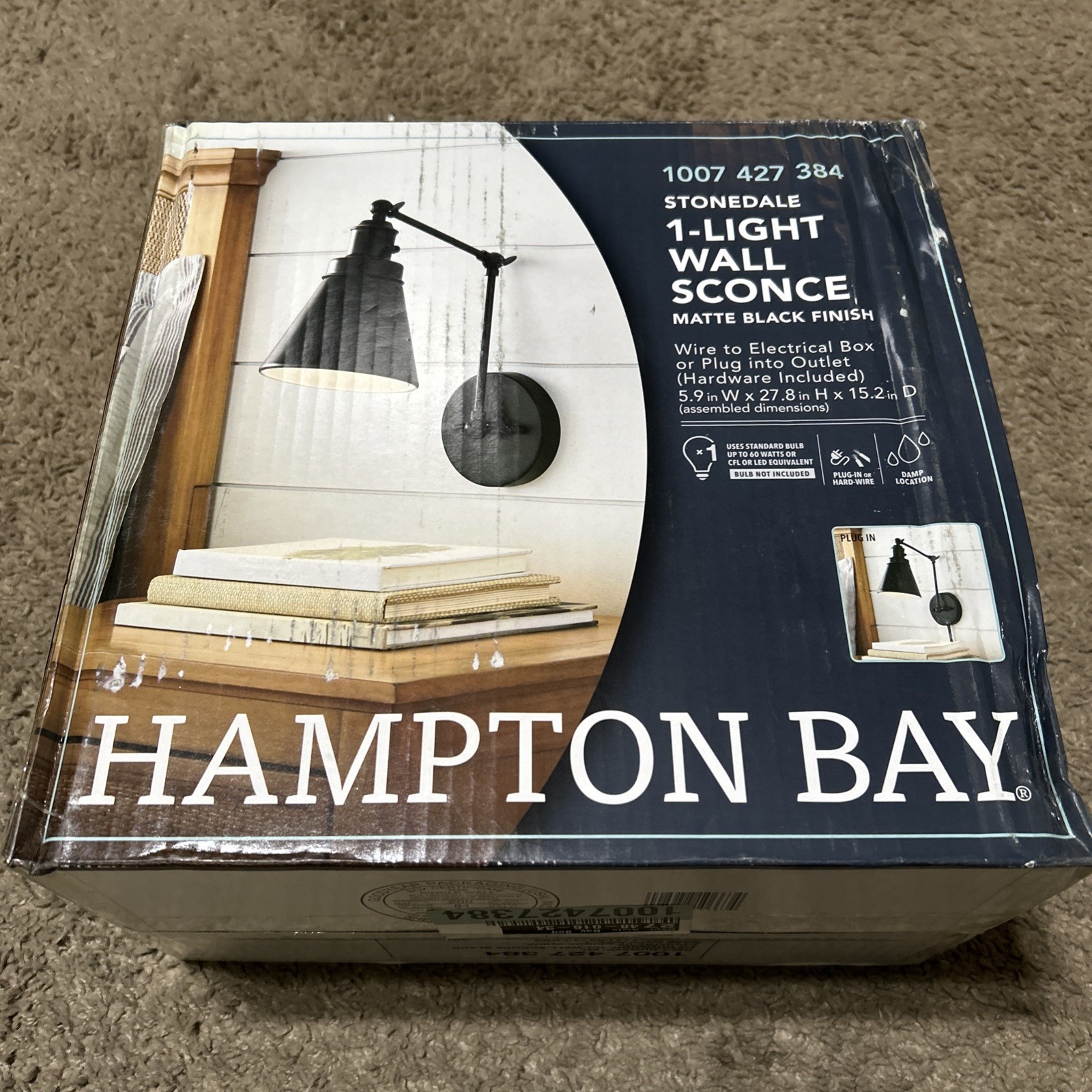 NEW Hampton Bay Stonedale 1-Light Black Plug in Hardwired Swing Arm Wall Lamp
