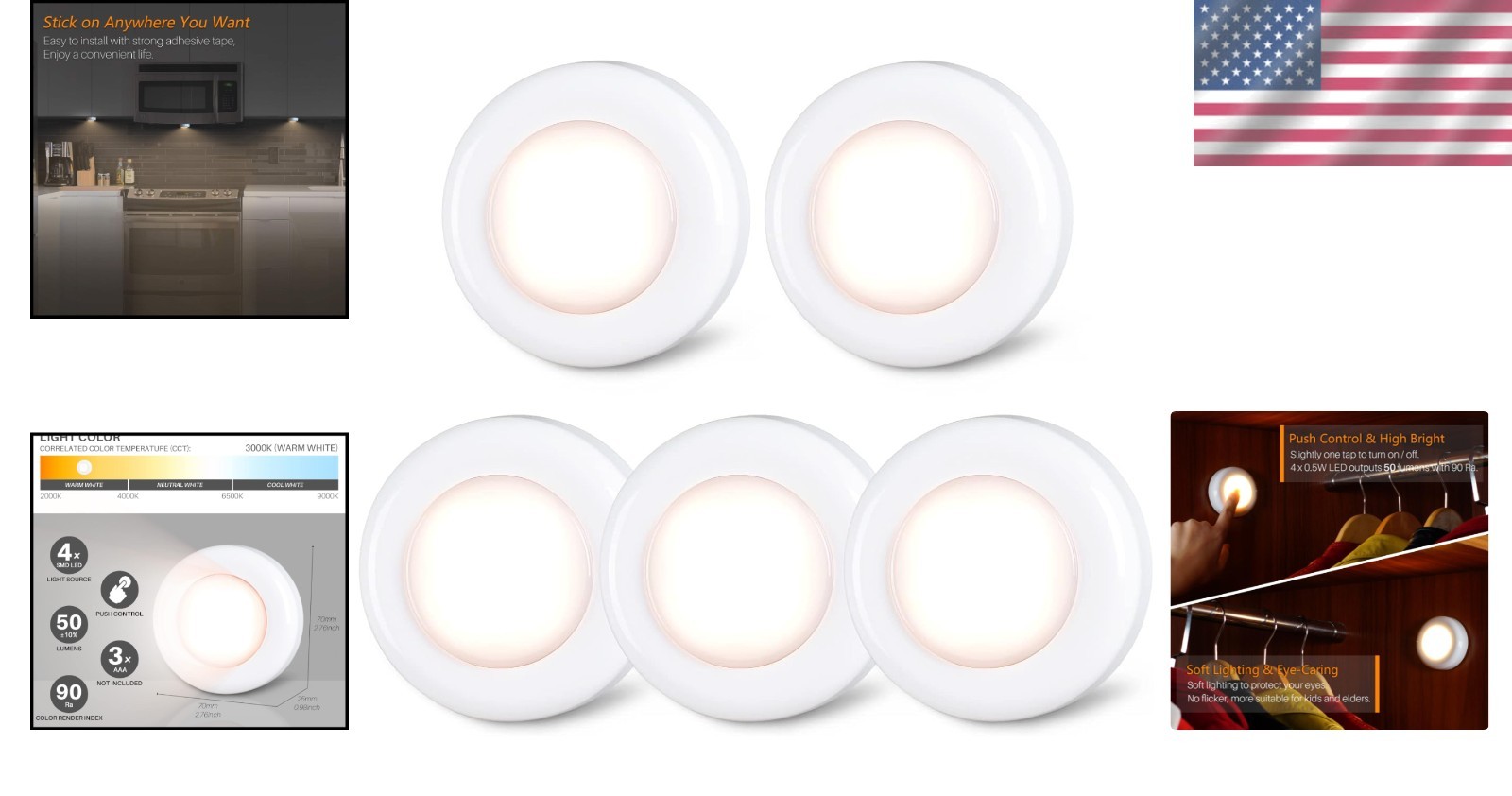 Elegant 5-Pack 2.8” LED Puck Lights – Touch Control Under Cabinet Lighting