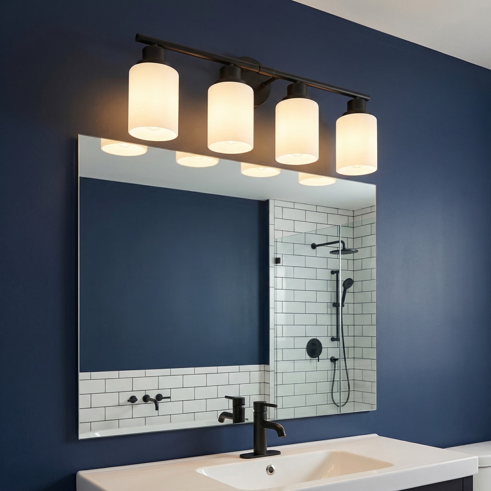 Wall Fixture 24 inch Glass Shade Vanity Light 4-Lights Black Bathroom Mirror