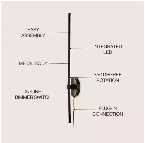 JONATHAN Y Lighting JYL7136A Anton 27″ Tall LED Plug-In Wall Light Bar – Black