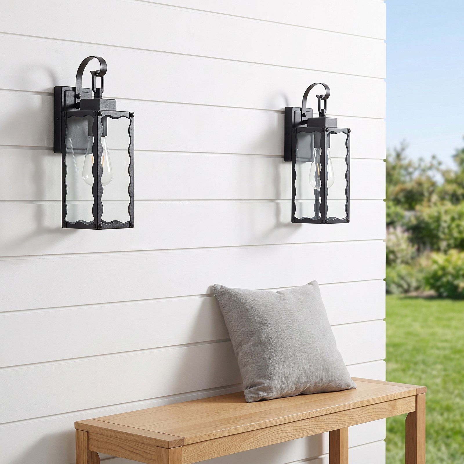2 Pack 15″ Outdoor Wall Light Glass Porch Exterior Mount Sconce Black Fixture
