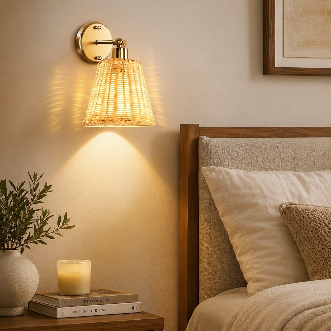 Rechargeable Rattan Wall Sconce Set of 2, Gold Boho Wall Lamps with Remote