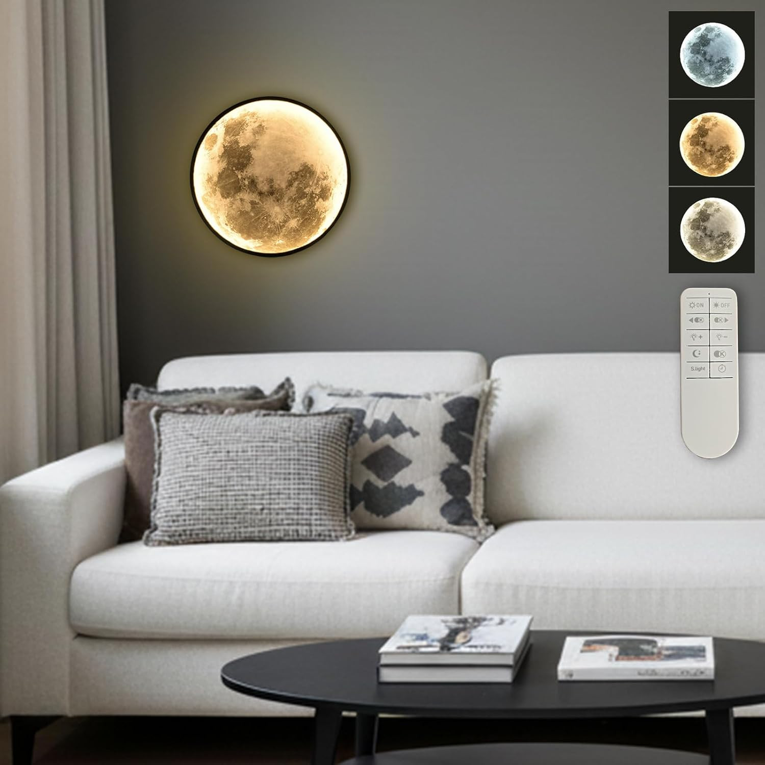 Dimmable 9.5″ Moon Wall Light with Remote – Modern LED Sconce for Home Decor