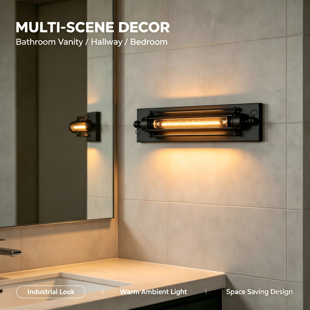 Industrial Black Wall Sconce Tube Wall Light Retro Bathroom Vanity Light Hallway