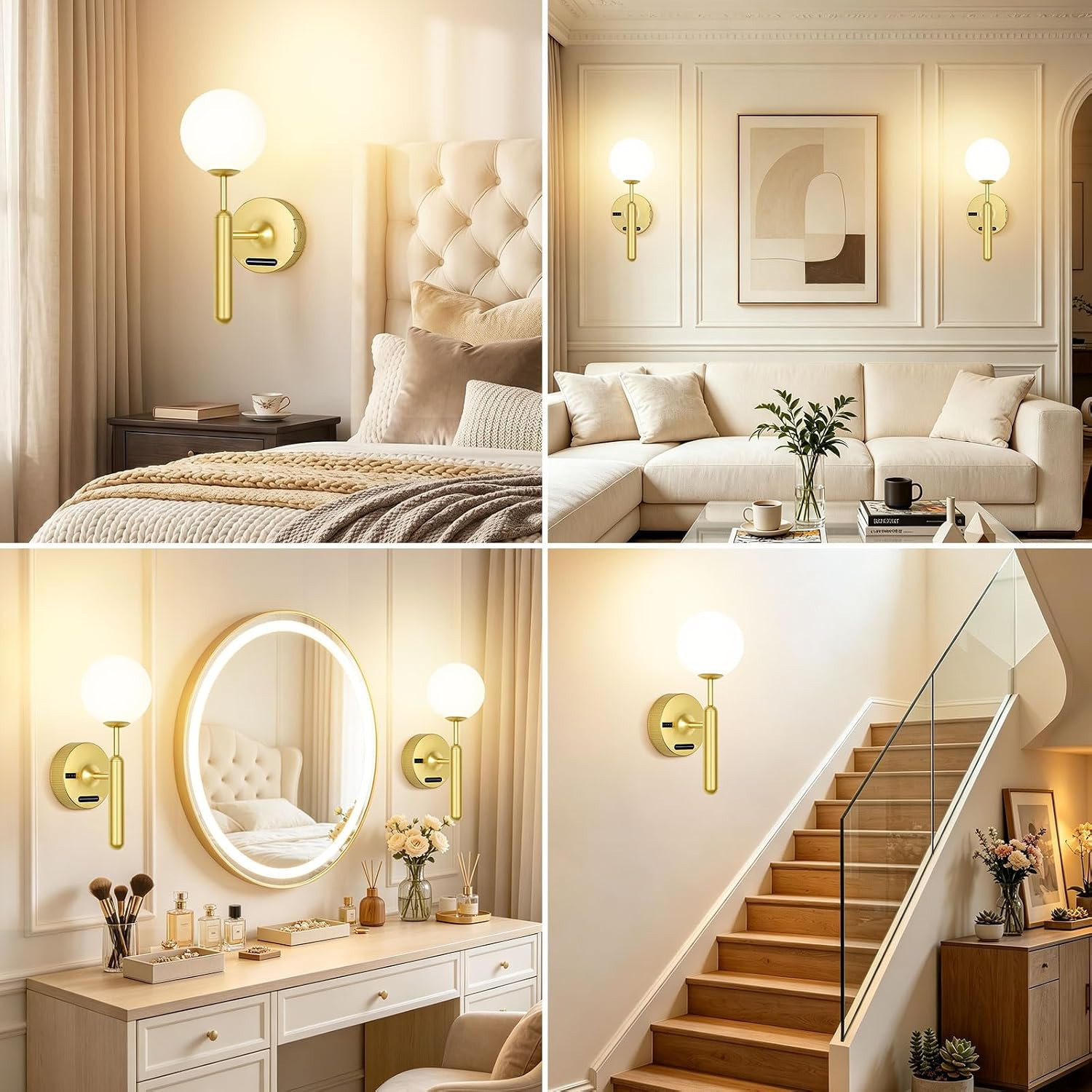 Gold Wireless Wall Sconce with Remote, Dimmable & Rechargeable 8000mAh Battery
