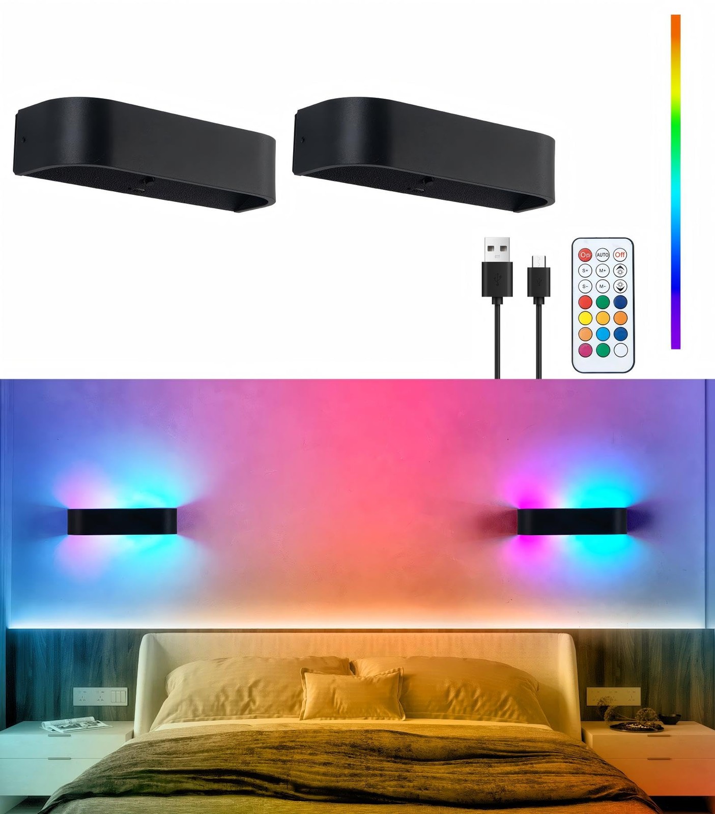 2Pcs RGB Wall Light with Remote Control, LED Indoor Wall Sconce, 6000mAh Rech…