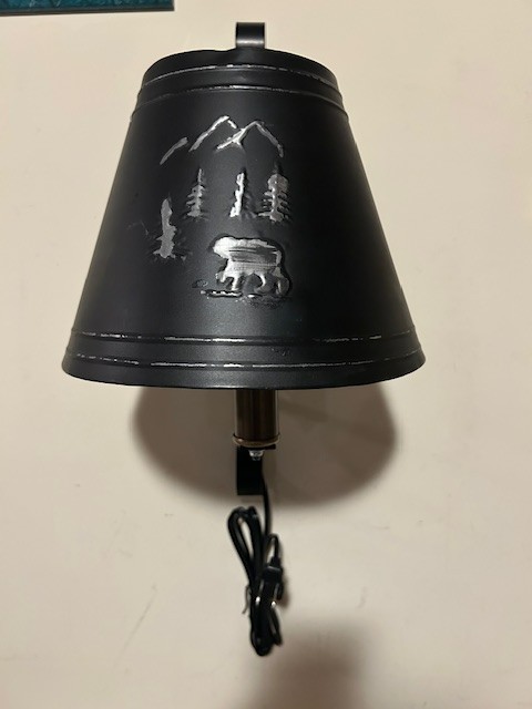 Wrought iron Wall Lamp with Wilderness Bear metal Shade – PLUG IN Light