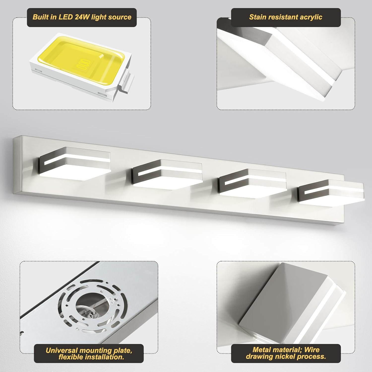 4 Light Bathroom Vanity Light Brushed Nickel Modern 32W LED Dimmable Vanity Ligh