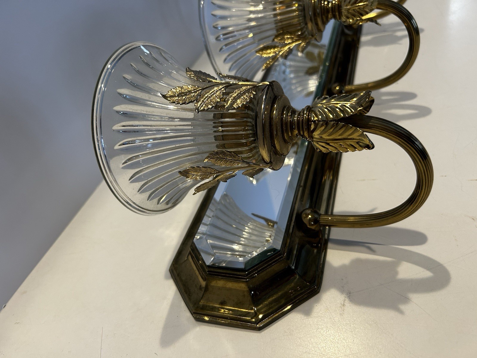 H A Framburg 3 Light Brass Mirrored Wall Sconce With Fluted Glass Shades Vtg MCM