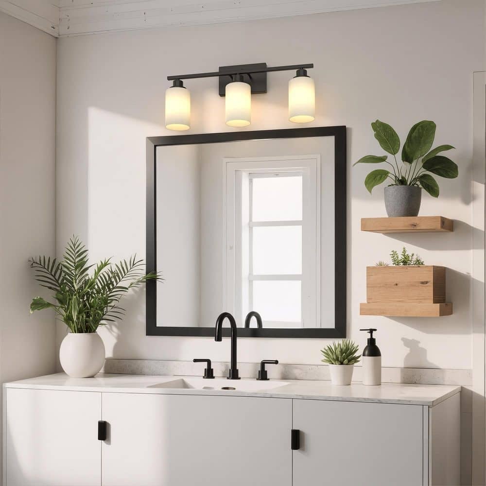 YANSUN 24 in. 3-Light Matte Black Bathroom Vanity Light with White Glass Shades