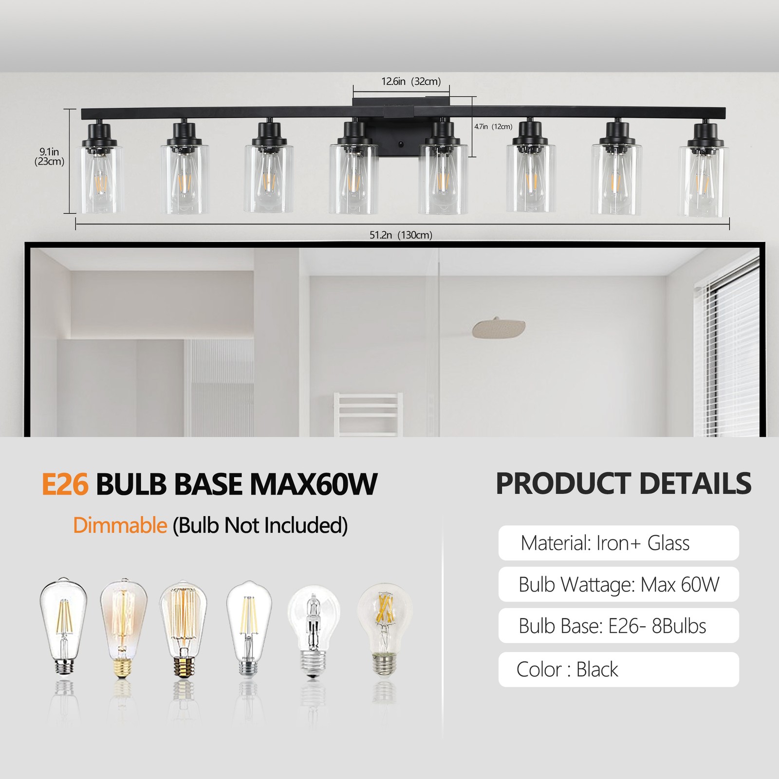 Vanity Light 51 inch Modern Black 8-Lights Wall Sconce Bathroom Mirror Fixture