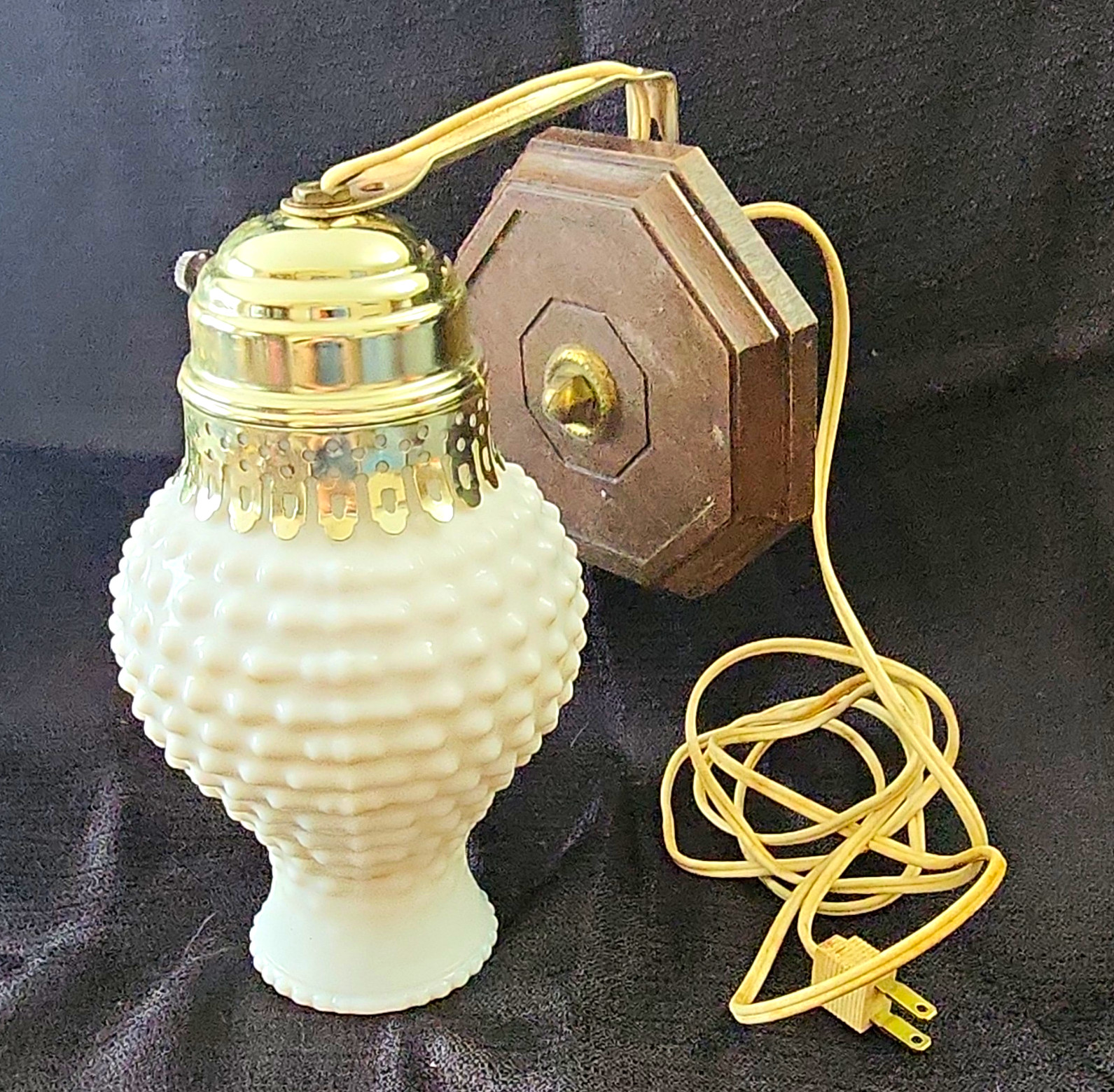 Plug-In Wall Sconce, White Hobnail Glass Shade, Wood & Metal Backplate