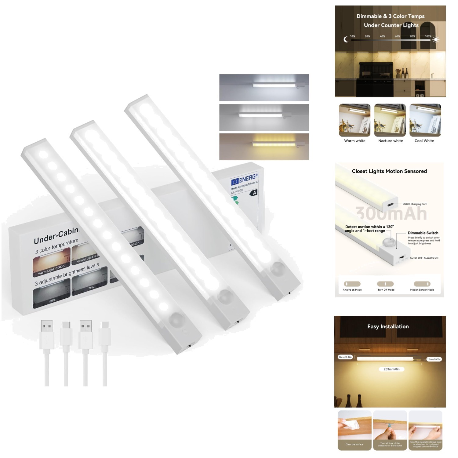 Dimmable Rechargeable LED Under Cabinet Lighting – 3-Pack, 8 Inch, Motion Sensor