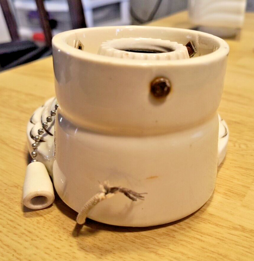 Vintage Porcelain Art Deco Wall Lamp Flowers Gold Trim Original Pull Chain