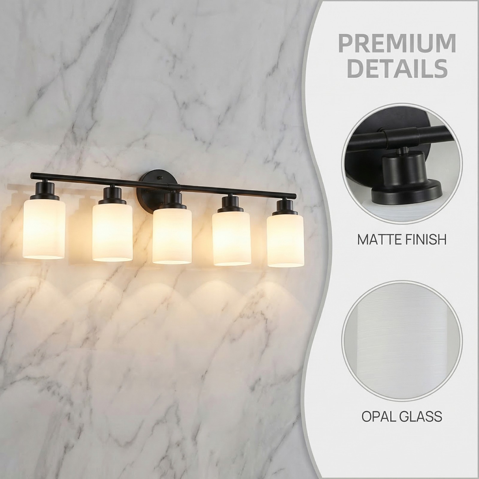 32 inch Black Glass Shade Vanity Light 5-Lights Wall Fixture Bathroom Mirror LED