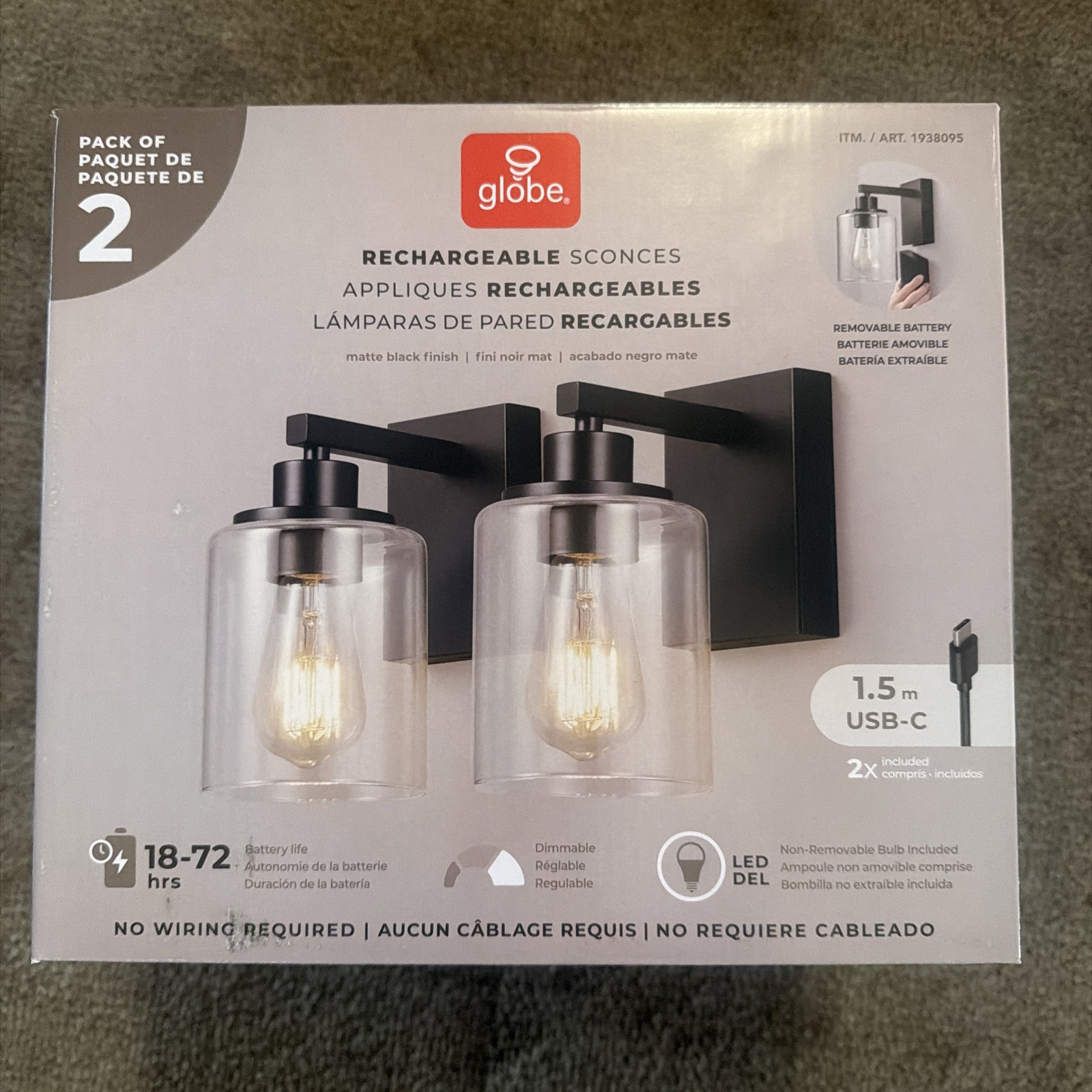 Globe Rechargeable Dimmable LED Wall Sconces Matte Black Finish Indoor 2 Pack OB