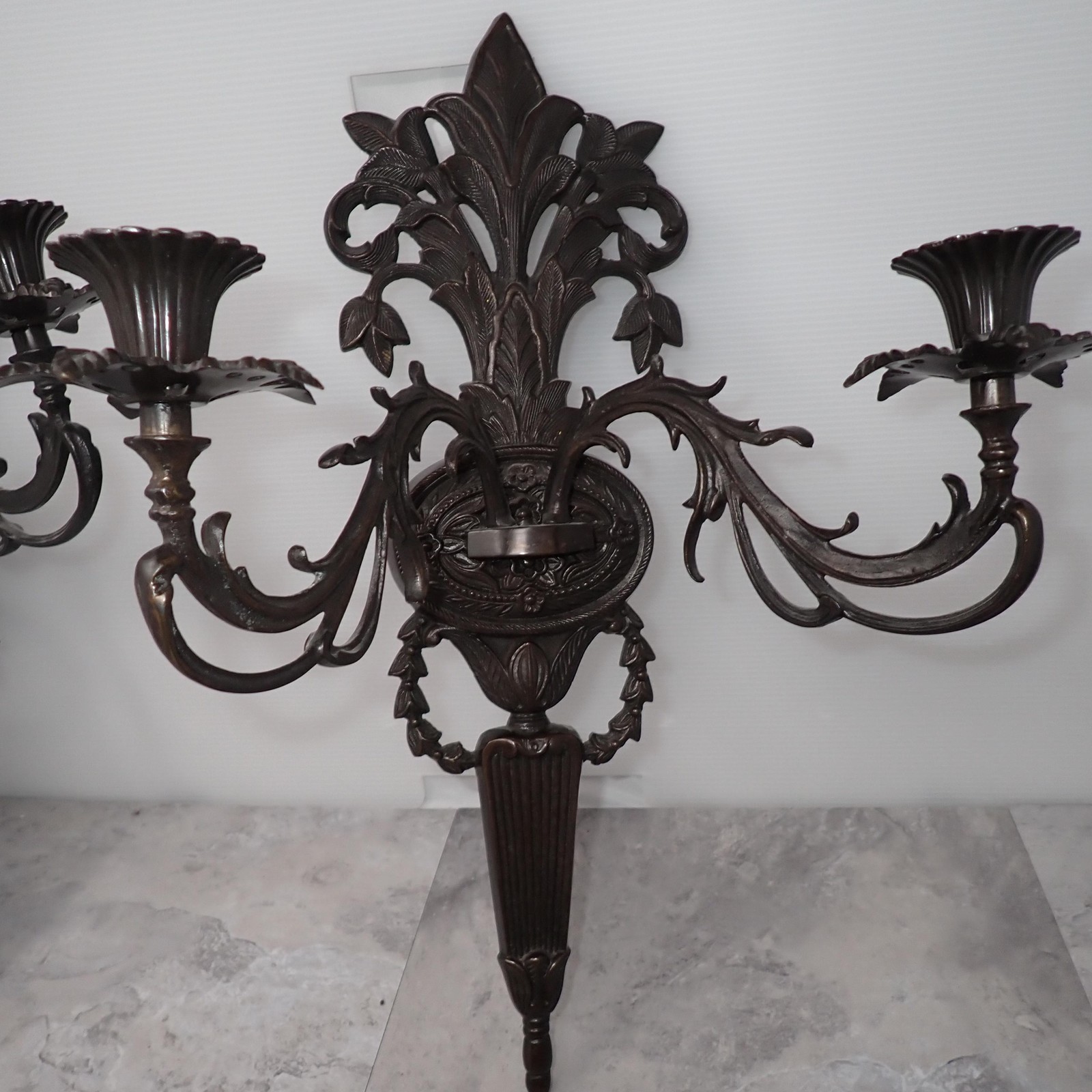 Bronze Metal Wall Sconces Pair 2 Arm Leaf Scroll Baroque India Decor