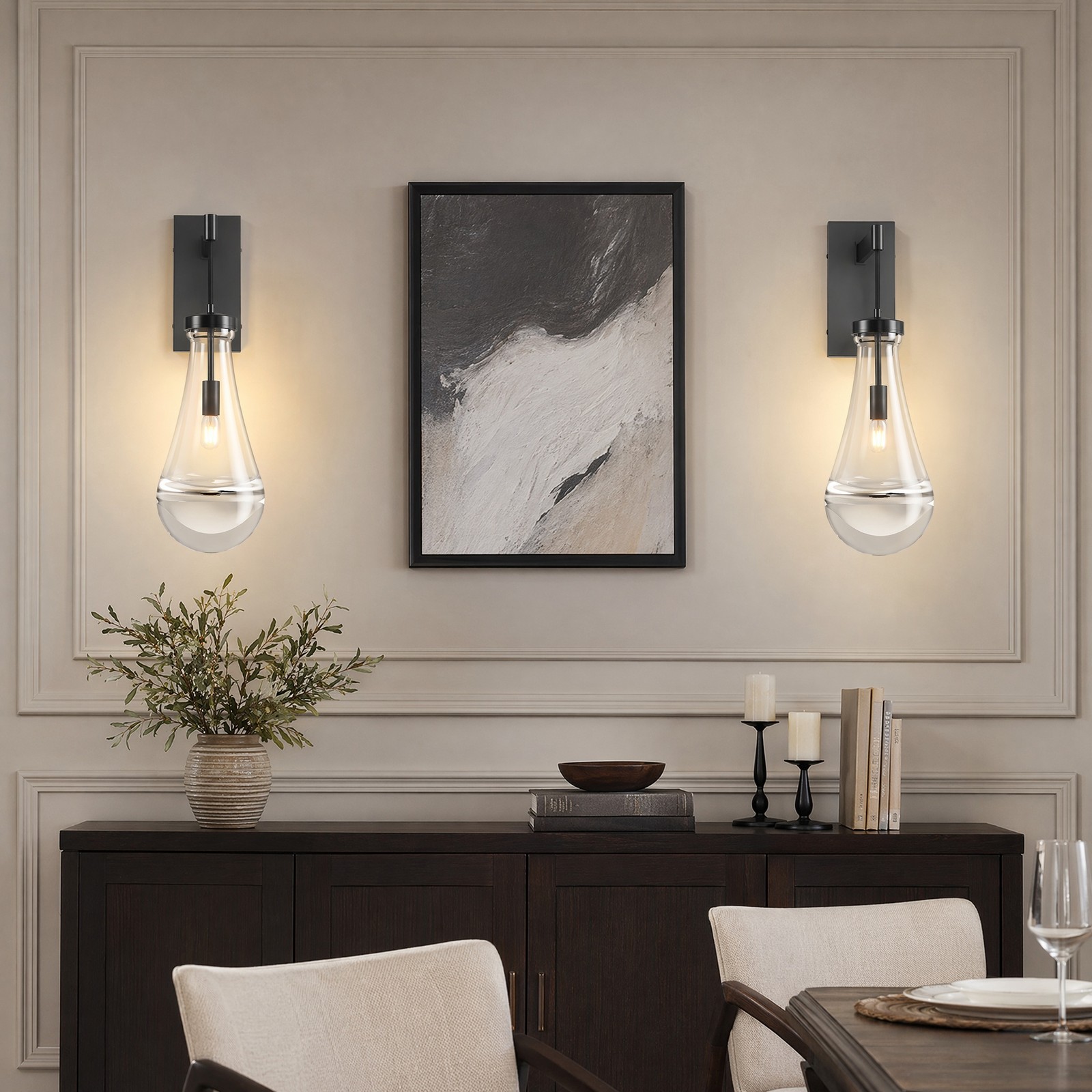 2 Pack 18» LED Wall Light Indoor Raindrop Glass Dimmable Sconce Black Fixture